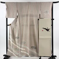 付下げ 身丈158.5cm 裄丈67.5cm L 袷 名古屋帯セット 枝梅 扇面 刺繍 金銀彩 紫 正絹 秀品 【中古】