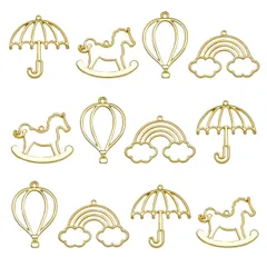イヤリングパーツ MUNCVY DIY レジン枠 空枠 フレーム パーツ ゴールド 4種12個 セット uvクラフト 大量 カン付き 熱気球 木馬 傘 虹 カワイイ セッティング アクセサリーパーツ から枠