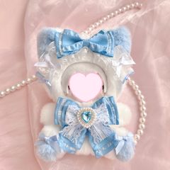 おすわりぬい服 水色チェックパールねこちゃん 11㎝〜15㎝ ちびぐるみ