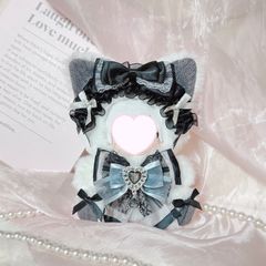 おすわりぬい服 水色チェックパールねこちゃん 11㎝〜15㎝ ちびぐるみ