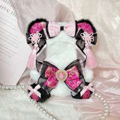 おすわりぬい服 ピンク黒レースねこちゃん 11㎝〜15㎝ ちびぐるみ にじ