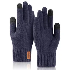 [ARZER] 手袋 ニット メンズ スマホ対応 グローブ【裏起毛・二重構造・弾性手首・快適フィット】 防風防寒 厚手 保温 男性用 自転車てぶくろ 全指 通勤 通学 アウトドア プレゼント (ネイビー) 1