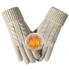 [SLEEPSINERO] 手袋 防寒 レディース スマホ対応 【360°暖かい裏起毛！3本指タッチパネル】 保温 あったか 防風 伸縮 柔らかい おしゃれ ニット レディース手袋 てぶくろ 秋 冬 通勤 通学 女性 (ベージュ) 1