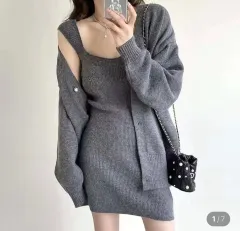 ニット ミニ ワンピース + カーディガン セット ニット ノースリーブ カーディガン セットアップ