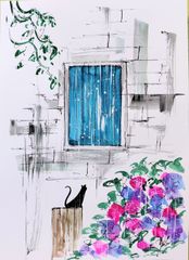 原画#3252 黒猫　紫陽花　雨　窓　フランス　水彩画　ドローイング　インテリア 原画#3252 黒猫 紫陽花 雨 窓 フランス 水彩画 ドローイング