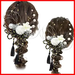 専用ケース付き 網型飾り かすみ草 水引き 和玉 ブラックリボン ベロアリボン ベロアリボン J0022 金箔 ドライフラワー 七五三 浴衣に 袴 着物 和装 振袖 卒業式 成人式 髪飾り