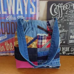 24★USEDデニムリメイク★巾着バッグ★ショルダーバッグ★パッチワーク★カラフルバッグ★リメイクデニム★
