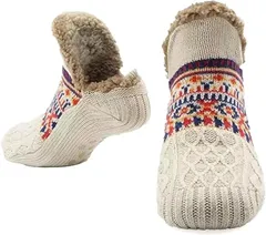 Kozy More 裏ボア ルームソックス ショート丈 靴下 暖かい スリッパ あったか ルームシューズ 防寒 メンズ レディース もこもこ 秋冬 (パターン C-White,  26.5～27.5 cm)
