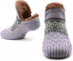 Kozy More 裏ボア ルームソックス ショート丈 靴下 暖かい スリッパ あったか ルームシューズ 防寒 メンズ レディース もこもこ 秋冬 (パターン C-Gray,  26.5～27.5 cm)