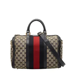 グッチ GGキャンバス シェリーライン ミニボストンバッグ ショルダーバッグ 2WAY 247205 ベージュ ネイビー キャンバス レザー レディース GUCCI【1-0248779】