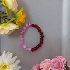 レッド〜ピンク〜パープル グラデーションビーズブレスレット（16cm）／ハンドメイド・華やか＆フェミニン