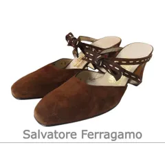 美品 サルヴァトーレフェラガモ  Salvatore Ferragamo サンダル ミュール スエード レザー リボン ステッチ スクエアトゥ チャンキーヒール ブラウン サイズ5C 約22.5cm レディース