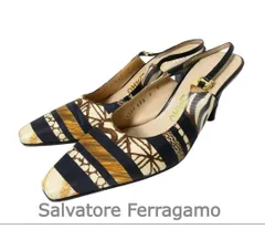 Salvatore Ferragamo サルヴァトーレフェラガモ サイズ7C ガンチーニ スカーフ柄 総柄 サテン スクエアトゥ スリングバック ハイヒール パンプス サンダル マルチカラー