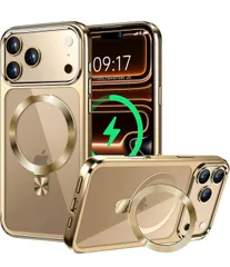 ★【CD MagSafeリング・スタンド一体】iPhone 17 Pro 用クリアケース[MagSafe対応・隠しスタンド] [本体の色・メッキバンパー]ストラップホール付き 角度調整可 米軍MIL規格取得・耐衝撃 アイホン17 Pro透明ケース(ゴールド)