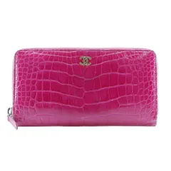 【CHANEL】シャネル ラウンドファスナー ココマーク クロコダイル ピンク レディース 長財布