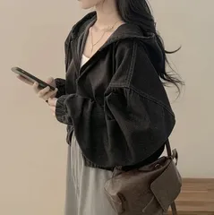 デニム パーカー ジャケット レディース ショート丈 フード付き ジップアップ 黒 ブラック 体型カバー ゆったり 秋冬 アウター カジュアル ストリート 韓国ファッション バルーン袖 ブルゾン おしゃれ 羽織り 軽アウター シンプル [1198]