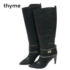 美品★ Au Bannister オゥ バニスター thYme ファー♪ ポインテッドトゥ ヒール レザー ロング ブーツ Sz.36　レディース 黒