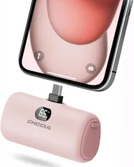 CHCCUL モバイルバッテリー 軽量 小型 5000mAh タイプc端子一体型20W PD急速充電/LCD残量表示/ライト付きコードレス コンパクト type コネクター内蔵 パススルー充電対応 機内持ち込み PSE認証済 (ピンク)