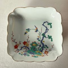 有田焼 四角皿 静山作 柿右衛門写 錦松竹梅鳥文 絵皿 ヴィンテージ