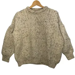 Country Collection/カントリーコレクション ケーブル編み フィッシャーマンニット ウールニット アランニット セーター 長袖 クルーネック IRELAND製 Lサイズ アイボリー ミックス