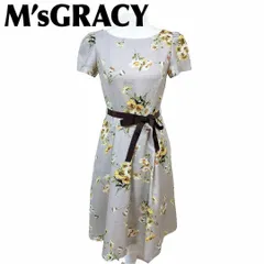 【美品】エムズグレイシー 半袖ワンピース ウエスト紐 38 花柄 グレー