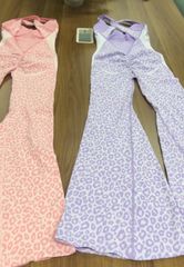 Purple leopard print jumpsuit with open back, cross back, halter neck, padded flared pants, stretchy, size M