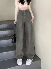 ポケット付きカジュアルルーズフィットワイドレッグデニムジーンズ (レディース)