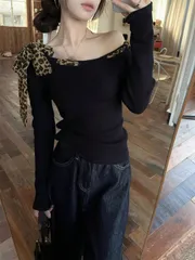 レオパード柄オープンカラー アシメトリー 肩 長袖 スリムフィットTシャツ