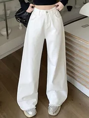 ポケット付きワイドレッグカジュアルジーンズ、女性用ロースフィット、切りっぱなしの裾