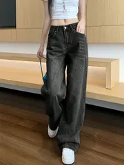 レディース ポケット付き ワイドレッグ ルーズ 日常カジュアルジーンズ