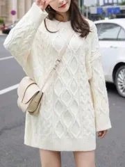 ニットセーター レディース ケーブル編み セーター ロング丈 ゆったり カットソー 大きいサイズ プルオーバー 無地 厚手 秋 冬