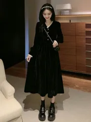 レディース ワンピース 春秋冬 Vネック ロング丈 長袖 おしゃれ きれいめ 着痩せ 韓国風 オフィス ドレス パーティー 通勤 お出かけ デート