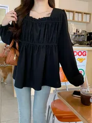 レディース スクエアネック プリーツ 長袖ブラウス、ルーズデザイン、秋用トップス