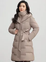 ダウンコート レディース ダウンジャケット フード付き ウエストベルト アウター 大きいサイズ ジャケット 中綿ダウン 暖かい コート ロン