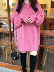 ニットセーター レディース ケーブル編み セーター ロング丈 ゆったり カットソー 大きいサイズ プルオーバー 無地 厚手 秋 冬