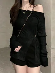 女性用カジュアル ブラック リブニットセーター、秋冬