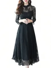 ワンピース レディース レース ロング フリル ドレス 長袖 フレア 全柄 可愛い ハイウエスト 着痩せ ファッション ノーカット プリーツ パ