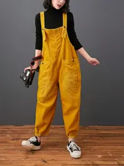 レディース サロペットパンツ サスペンダーパンツ コーデュロイ オールインワン ロングパンツ オーバーオール 無地 体型カバー ゆったり 大