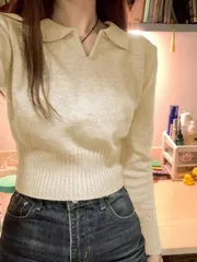 セーター ショート丈 POLO襟 レディース ニットセーター トップス プルオーバー 長袖 Vネック ニット 春秋 カジュアル 通学 柔らかい