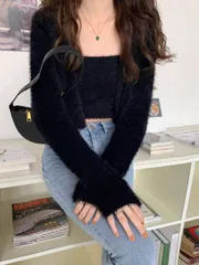 1個 カジュアル フリース 無地クロップド カーディガン ストラップ付き、秋用、長袖トップス