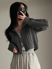 早春 韓国風 クロップド ケーブル編み ジップアップ カーディガン セーター ソフトな質感(レディース)