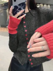 コントラストカラー レトロデザイン レディース ニットカーディガン、新作秋 スリムフィット シングルブレスト ファッションセーター