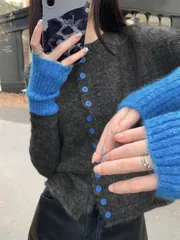 コントラストカラー レトロデザイン ニットカーディガン レディース、新作秋 スリムフィット シングルブレスト ファッションセーター
