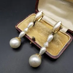 大粒パール ロング ヴィンテージ チャーム イヤリング ゴールドトーン レトロ 上品 華やか R16-G