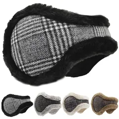 [PALAME] イヤーマフ イヤーウォーマー 冬 防寒 極暖ふわふわ裏起毛・180度折畳み・肌に優しい・肉厚ボア ニット 耳カバー 耳あて バックアーム コンパクト ストレスフリー 防風 保温 調節可能 通勤通学 アウトドア 男女兼用 (チェック柄-ブラ 1