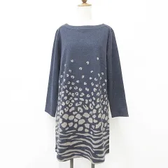 エヴェックス バイ クリツィア EVEX by KRIZIA ワンピース ニットワンピ 長袖 丸首 ひざ丈 フレア レオパード柄 紺 ベージュ ネイビー 44