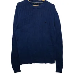 NAUTICA/ノーティカ リブ編み ニット セーター 長袖 ワンポイント刺繡 クルーネック CHINA製 Mサイズ ブルー