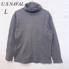 e6104 【ユーエスネイバル】ハイネックカットソー メンズ L ネイビー×白 ボーダー 綿100％ 長袖 ベーシック カジュアル インナー使いにも