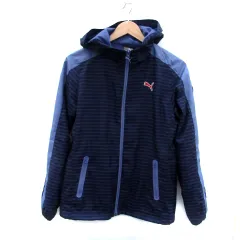 プーマ PUMA ジャケット パーカー ミドル丈 フード付き ボーダー柄 ロゴ刺繍 M 紺 ネイビー 青 ブルー /HO24