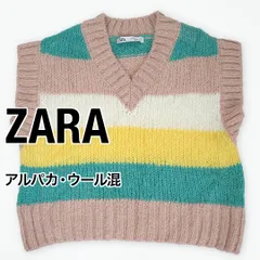 【美品】ZARA ザラ ニットベスト Vネック ローゲージ マルチカラー ボーダー ウール アルパカ混 レディース S ピンク グリーン イエロー 古着